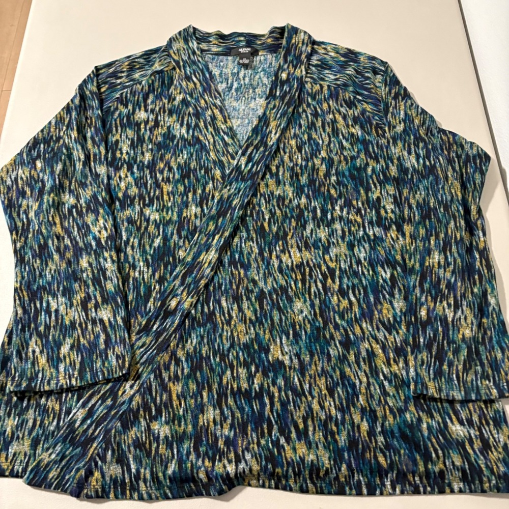 Alfani Woman‎ Open Front Cardigan Sweater Teal Blue Yellow Abstract Print 1X